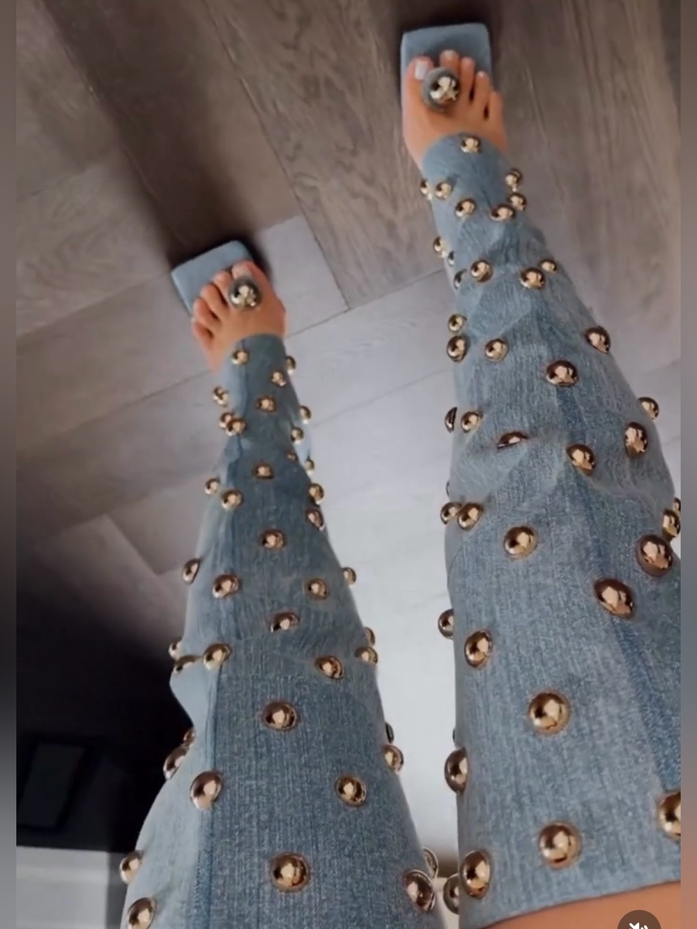 Jennifer Le Denim Gold Studs Sandal boots